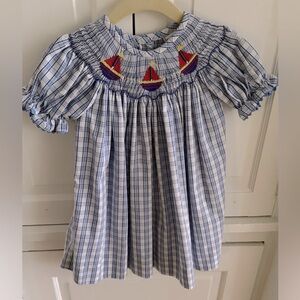 Blue Plaid Kids Dress with Sailboat Embroidery